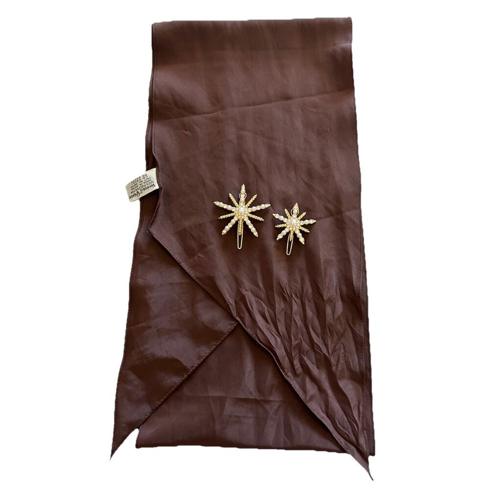 VERESA BY VERA vintage scarf necktie Brown Rectangle 2 Gold Star‎ Scarf Clips